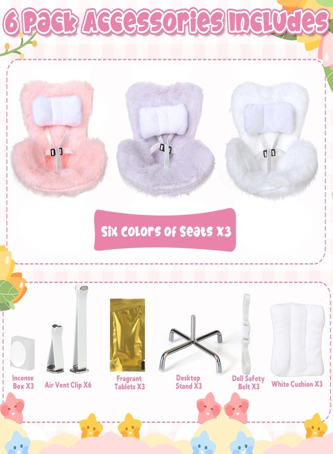 VZZNN 3 Pack Doll Chair Car Seat for Labubu, 15-17cm Dolls Accessories with Air Vent Clip & Desktop Stand, Cute Doll Car Seat for Toys Collection, （Purple, Pink, White） - Image 3